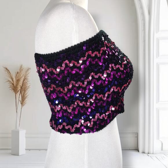 Vintage 80s Sequin Tube Top Black Pink Purple Chevron Zigzag Festival One Size - Picture 5 of 7